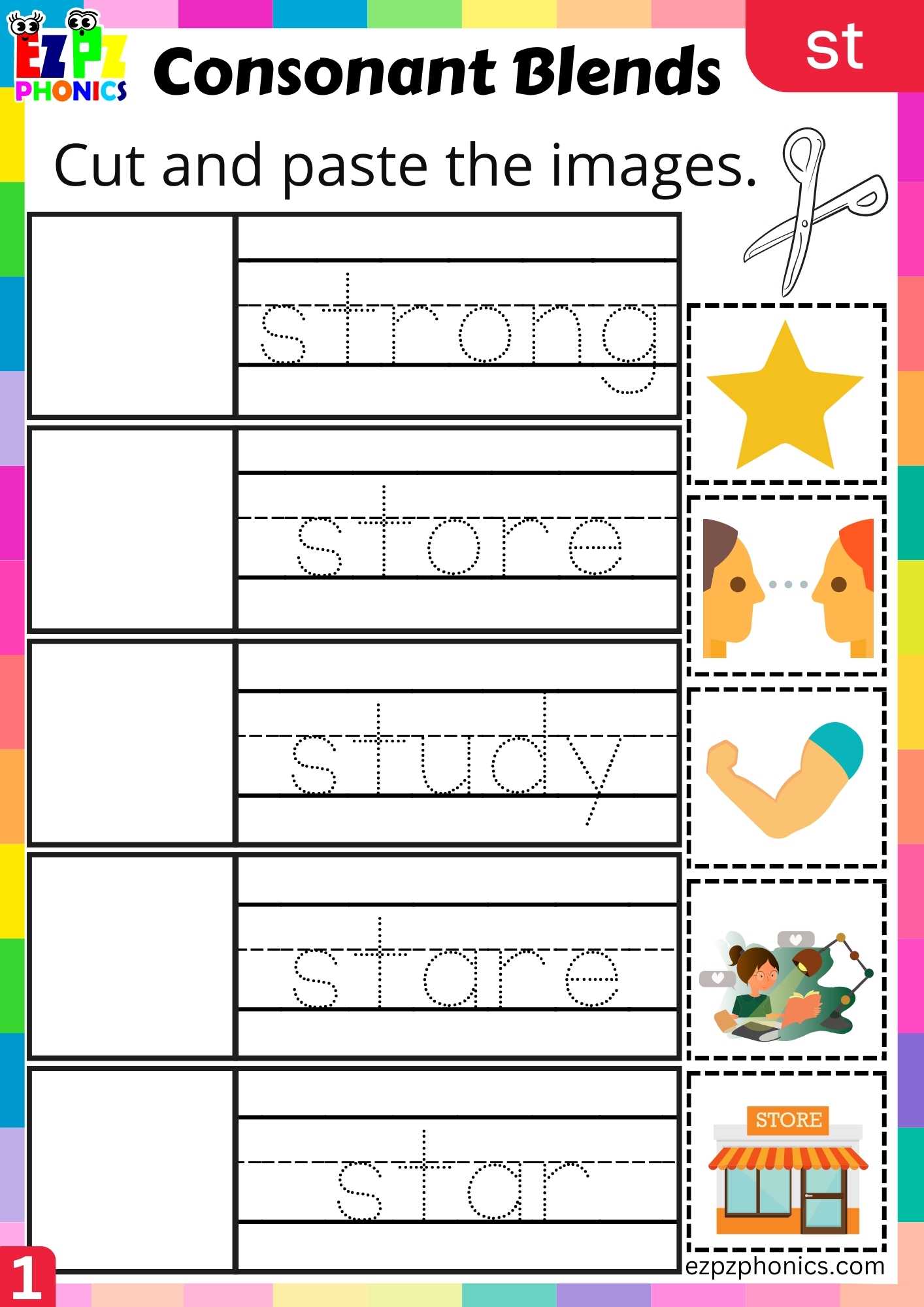Group1 ST Words Cut And Paste The Images Phonics Consonant Blends Worksheet